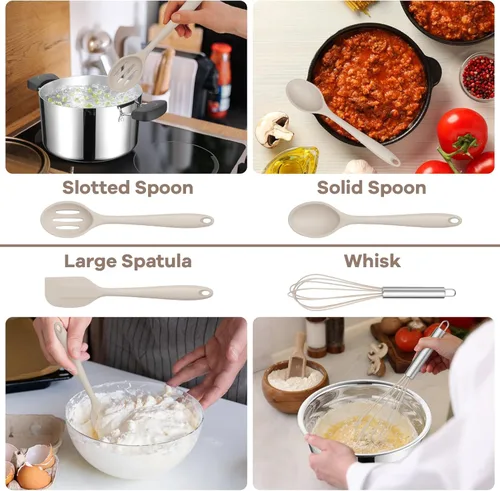 Miniatura 5 de TeamFar Juego de utensilios de cocina de silicona, 8 piezas, resistente al calor de 446 °F, espátula, cuchara, batidor, utensilios de cocina Caqui