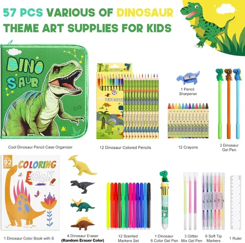 Miniatura 2 de Set de marcadores con aroma a frutas de 57 piezas con estuche de dinosaurio brillante y papelería, suministros de arte para niños de 4-6-8 años