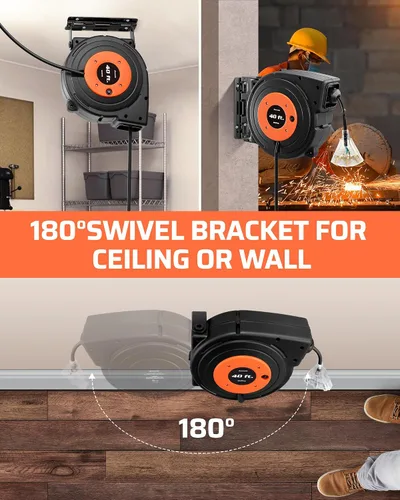 Miniatura 4 de DEWENWILS Carrete de cable de extensión retráctil, cable de alimentación resistente de 40 pies, 12 AWG/3 C SJTOW, 3 tomas de tierra iluminadas