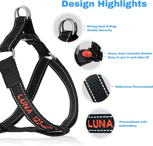 Miniatura 2 de Arnés personalizado para perro, arnés personalizado sin tirones para mascotas con nombre y número de teléfono, chaleco ajustable para perro