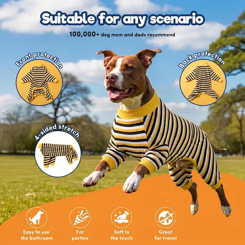 Miniatura 3 de LovinPet Pijama para perros grandes, camisa de algodón con rayas negras y amarillas, mameluco de cobertura completa para perro, pijamas