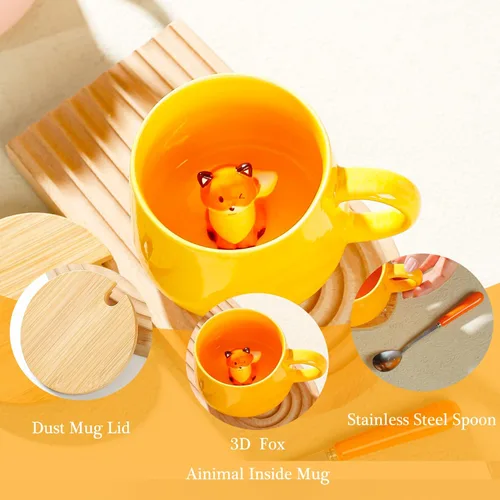 Miniatura 2 de BigNoseDeer Taza de café de cerámica Kawaii Fox con diseño de zorro 3D en el interior, con tapa y cuchara, regalos de cumpleaños, regalos lindos