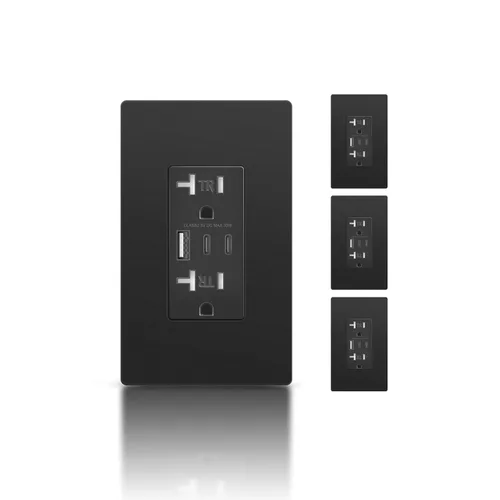 Miniatura 36 de TOPELER - Toma de corriente para montaje en pared con puertos USB 6.0A, dos tomas eléctricas de 20 amperios, tomas y puertos resistentes a la Negro