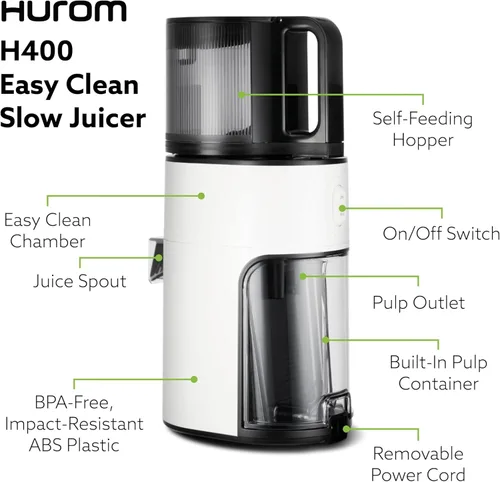 Miniatura 6 de Hurom H400 - Exprimidor de prensa en frío, galardonado exprimidor lento de masticación, fácil de limpiar, colador y manos libres con Blanco