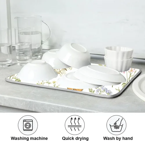 Miniatura 7 de Tapete de secado de platos con flores botánicas y mariposas para encimera de cocina, absorbente, almohadilla de secado de microfibra, grande 18x24