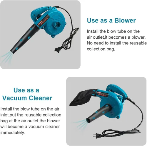 Miniatura 4 de Soplador de hojas eléctrico con cable, barredora/aspiradora pequeña ligera de mano 2 en 1, soplador portátil de 110V 400W para soplar Azul