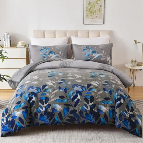 Miniatura 8 de DJY Juego de edredón de color morado, tamaño King, edredón de hojas botánicas para cama King, juego de edredón reversible floral de 3 piezas, juego
