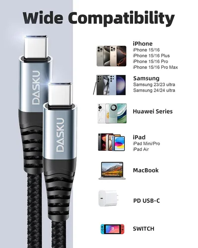 Miniatura 6 de Cable USB C a USB C extra largo de 100 W [paquete de 15 pies/2 unidades] Cable de carga rápida compatible con iPhone 17/17 Pro Max, iPhone 16 Negro