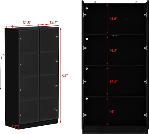 Miniatura 2 de Vitrina con luces, gabinete de vidrio con puertas y estantes de 4 niveles, vitrina para coleccionable, sala de estar, oficina, negro 31.5 pulgadas