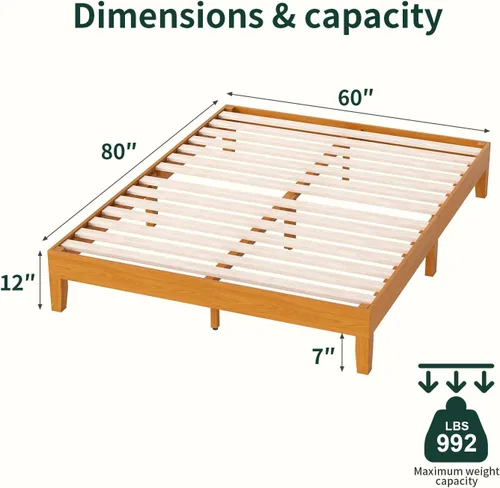 Miniatura 2 de BLKMTY Marco de cama de madera, cama tamaño Queen sin plataforma de cabecero, con espacio de almacenamiento inferior, fácil montaje, no necesita