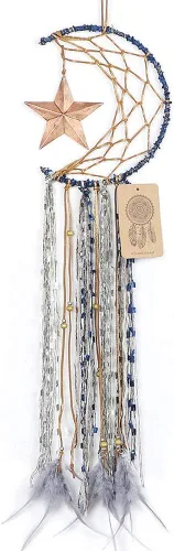 Dremisland Atrapasueños Azul Hecho a Mano Diseño de Media Luna Atrapasueños de Pluma Colgante con Estrella Decoración del Hogar Ornamento Regalo de