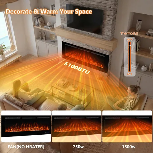 Miniatura 4 de Chimenea eléctrica de 45 pulgadas, insertos de chimenea para montar en la pared y empotrar, llama multicolor con 5 atenuadores, termostato