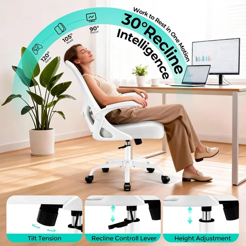 Miniatura 4 de AreShark Silla de oficina – Silla de escritorio ergonómica de malla transpirable con soporte lumbar ajustable y reposabrazos abatibles – Silla Blanco