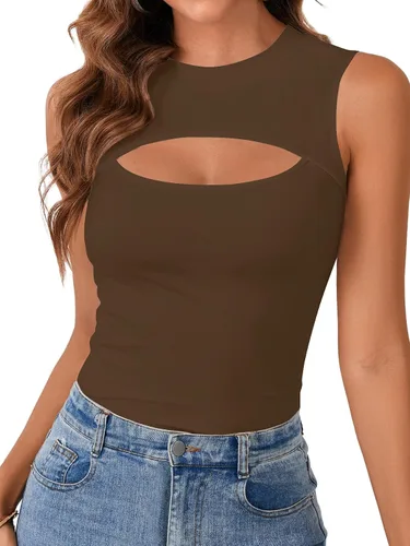 Miniatura 20 de Vrtige Camiseta sin mangas sexy con cuello redondo para mujer, de punto acanalado, sin mangas, ajustada