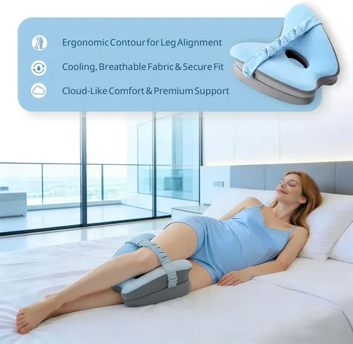 Miniatura 3 de Almohada de rodilla de espuma viscoelástica para dormir de lado, azul con correa ajustable para alineación de cadera y columna vertebral, alivia