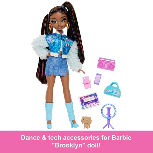 Miniatura 3 de Set de juego Barbie Dream Besties, muñeca posable Brooklyn con cabello largo negro, 9 accesorios con temática musical