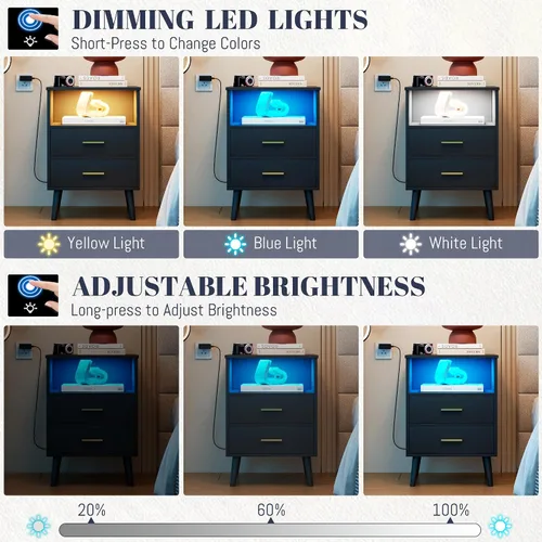 Miniatura 6 de LVSOMT Mesita de noche negra para dormitorio con estación de carga y luces LED, moderna mesita de noche con cajón oculto, mesita de noche