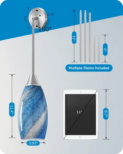 Miniatura 4 de EDISHINE Lámparas Colgantes, Lámpara Colgante de Vidrio Artístico Hecha a Mano con Acabado de Níquel Cepillado, Casquillo E26, Luz Colgante de Azul