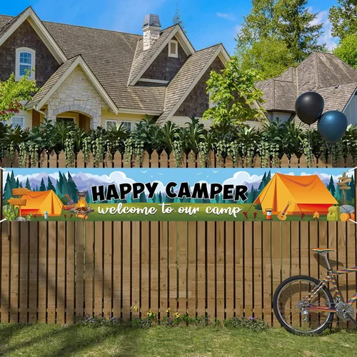 Cartel de fondo de Happy Camper con 118.1 x 19.6 pulgadas, tela de poliéster de tamaño largo, letrero de telón de fondo para camping, suministros de