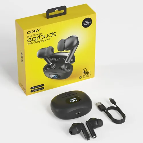 Miniatura 2 de Coby Auriculares inalámbricos con estuche de carga de lectura de batería LCD, mini auriculares intrauditivos Bluetooth con micrófono integrado, Negro