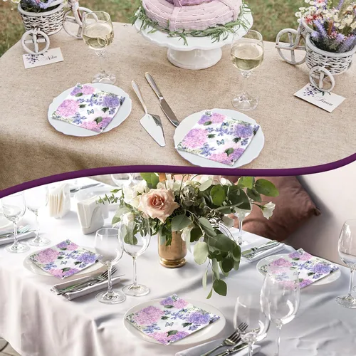 Miniatura 6 de Hotop Paquete de 200 servilletas de hortensias moradas para invitados, día de la madre, servilletas florales de mariposa, desechables, toallas