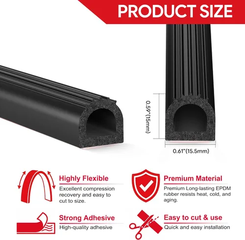 Miniatura 3 de UIOCSSC EPDM - Burlete de goma en forma de D de 26 pies para puerta de caravana con fuerte autoadhesivo, sello de caja de remolque y camión