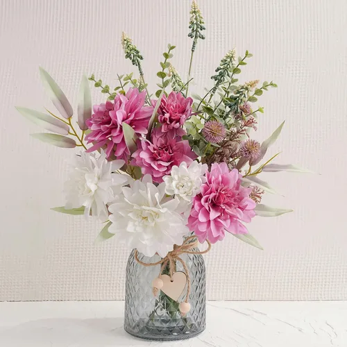 Miniatura 10 de LUEUR Flores falsas con jarrón, flores artificiales de hortensias en jarrón, arreglo de flores sintéticas adecuadas para el hogar, cocina, sala