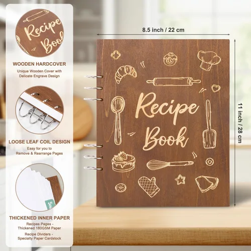 Miniatura 2 de Creawoo Libro de recetas de madera para escribir en tus propias recetas, carpeta de recetas en blanco personalizada, libro de cocina, recetas