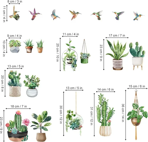 Miniatura 4 de Wondever Pegatina de cristal de colibríes, cactus botánico tropical, plantas colgantes, anticolisión, doble cara, estáticas para ventana