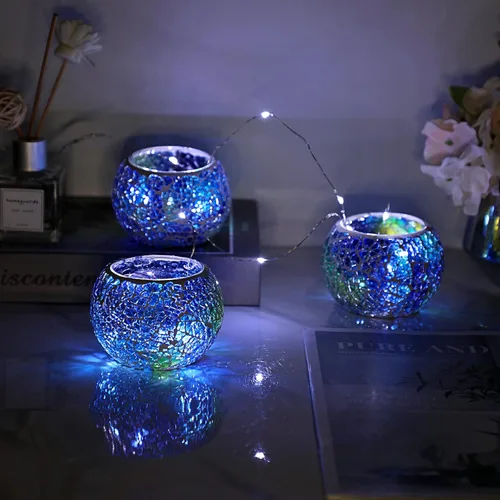 Miniatura 2 de OwnMy Juego de 3 portavelas de té de vidrio de mosaico azul, cuenco redondo, portavelas votivas, candelabros de mosaico de vidrio, candelitas
