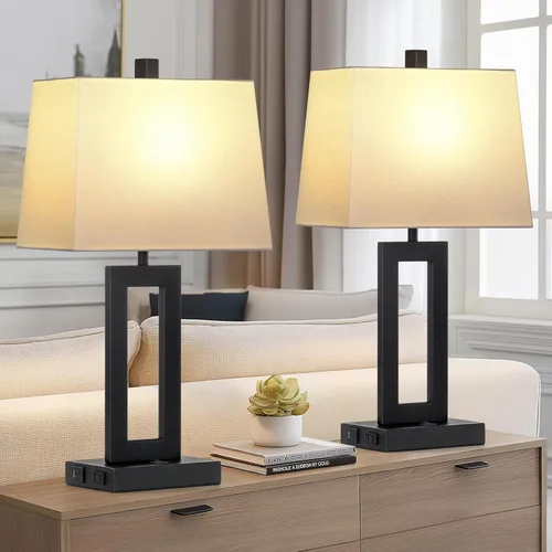 Miniatura 6 de Cinkeda Juego de 2 lámparas de mesa con puertos USB C+A y salida de CA, lámparas de noche, lámparas modernas para dormitorio, lámparas negras