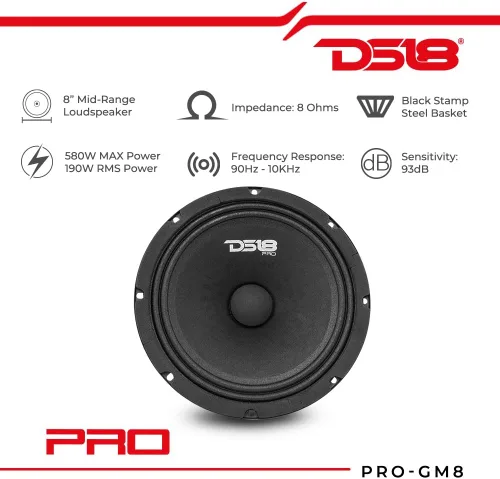 Miniatura 2 de DS18 PRO-GM8 - Altavoz de 8 pulgadas, rango medio, cesta de acero negro, 580 W máximo, 190 W RMS, 8 ohmios, altavoces de puerta de audio de alta
