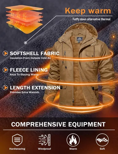 Miniatura 3 de MAGCOMSEN Chaqueta de invierno para hombre, con forro polar de algodón, chaquetas cálidas para trabajo, abrigos militares con 6 bolsillos
