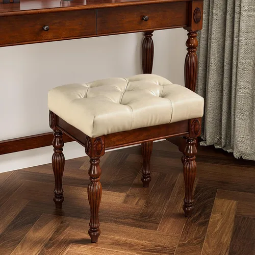 Banco de tocador tapizado de madera maciza, pequeño taburete otomano vintage de cuero copetudo con cojín acolchado, reposapiés tallado, patas