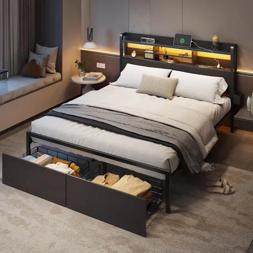 Miniatura 7 de Furnulem Base de cama Queen con cabecera de madera y estante de almacenamiento, marco de cama de plataforma de metal tamaño Queen con cajones