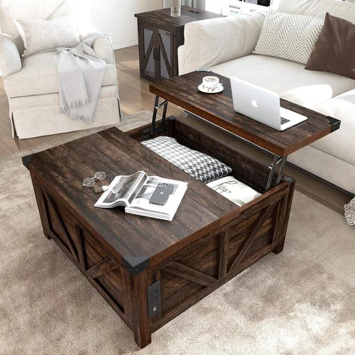Miniatura 13 de Jimeimmen - Mesa de centro elevada de granja con almacenamiento, mesa cuadrada de centro de madera con estación de carga y puerto USB, mesa de sala