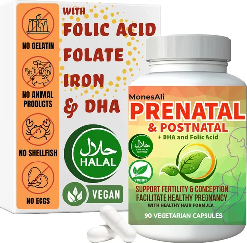 Vitaminas prenatales para mujeres | Postnatal | Veganas, sin gelatina halal | con folato, hierro y biotina | Apoya el embarazo, la energía posparto