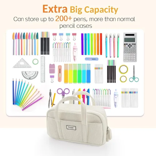 Miniatura 3 de Sooez Estuche grande para lápices, extra grande con 5 compartimentos, bolsa para bolígrafos de amplia apertura, organizador de pana suave con Beige