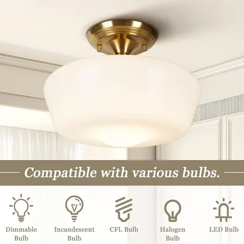 Miniatura 4 de Lámpara de techo estilo casa escolar semiempotrada con bombilla regulable y control remoto, lámpara de techo moderna dorada de 12" con pantalla