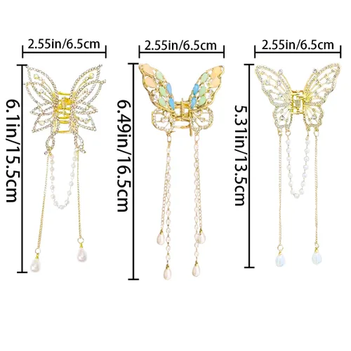 Miniatura 2 de 3 Piezas de Pinzas de Mariposa para el Cabello, Pinzas de Cabellera con Borla de Mariposa, Pinzas de Mariposa con Pedrería de Metal, Pinzas