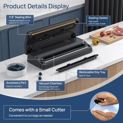 Miniatura 5 de Máquina selladora al vacío para ahorrar alimentos, 70 kpa potente succión compacta 7 en 1 sellador automático de alimentos para almacenamiento