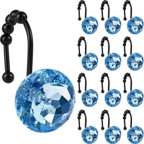 Miniatura 24 de Sunlit Diseño de Lujo Redondo Aqua Azul Diamante Cristal Gema Bling con Bolas Deslizantes Ganchos para Cortina de Ducha, Anillos para Cortina