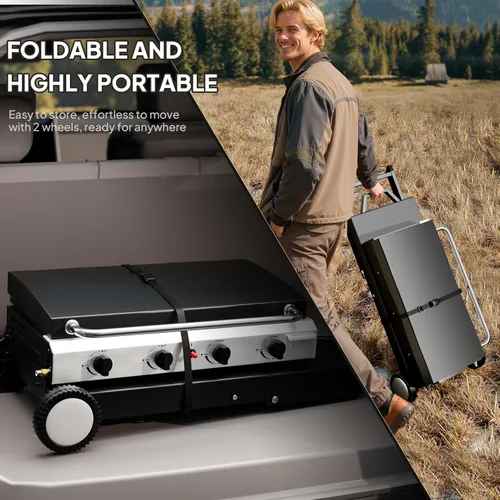 Miniatura 3 de ROVSUN Parrilla plegable de 4 quemadores de propano con ruedas, bandeja esmaltada y tapa, parrilla de gas portátil de 40,000 BTU con encendido