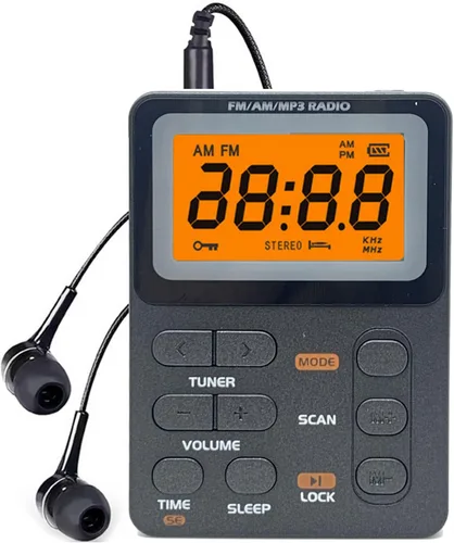 Radio AM/FM de bolsillo con la mejor recepción, radio recargable portátil con auriculares, reproductor de MP3, mini pantalla de bloqueo estéreo,