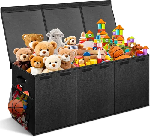 Caja de juguetes extragrande con tapas, organizador de almacenamiento plegable y resistente para niños, cesta grande con divisores para niños y Negro