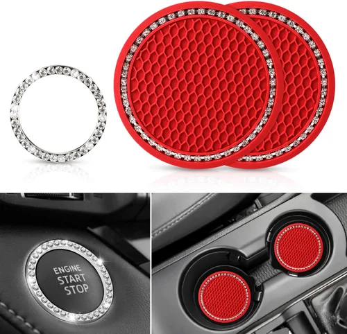 Miniatura 9 de OUZORP Paquete de 2 posavasos azules para automóvil con botón de arranque y anillo brillante, 1 paquete Posavasos antideslizantes para portavasos