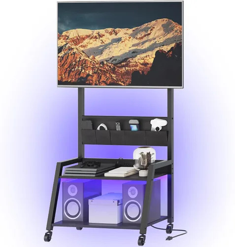 YATINEY Soporte de TV móvil con toma de corriente, soporte de TV móvil con luz LED de hasta 55 pulgadas, carrito de TV con soporte, 5 bolsas de tela