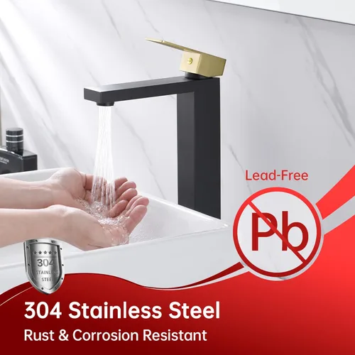 Miniatura 4 de sumerain Grifo de lavabo de recipiente, grifo de baño alto de acero inoxidable 304 con una sola manija, un solo agujero, negro y dorado, sin plomo