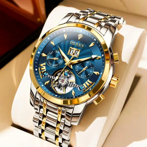 Miniatura 2 de OLEVS Relojes de cuerda automática para hombre, reloj mecánico automático Tourbillon de acero inoxidable con doble calendario, impermeable, luminoso