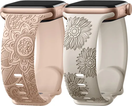 Miniatura 14 de Odbeai Correa deportiva de silicona suave con grabado floral compatible con Apple Watch de 1.496 pulgadas, 1.575 pulgadas, 1.614 pulgadas, 1.654